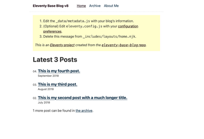 A screenshot of the Eleventy starter template homepage